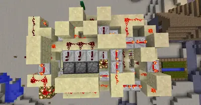 Working piston door contraption in a block building game