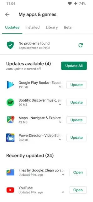 Google Play Store layout showing app updates on Android